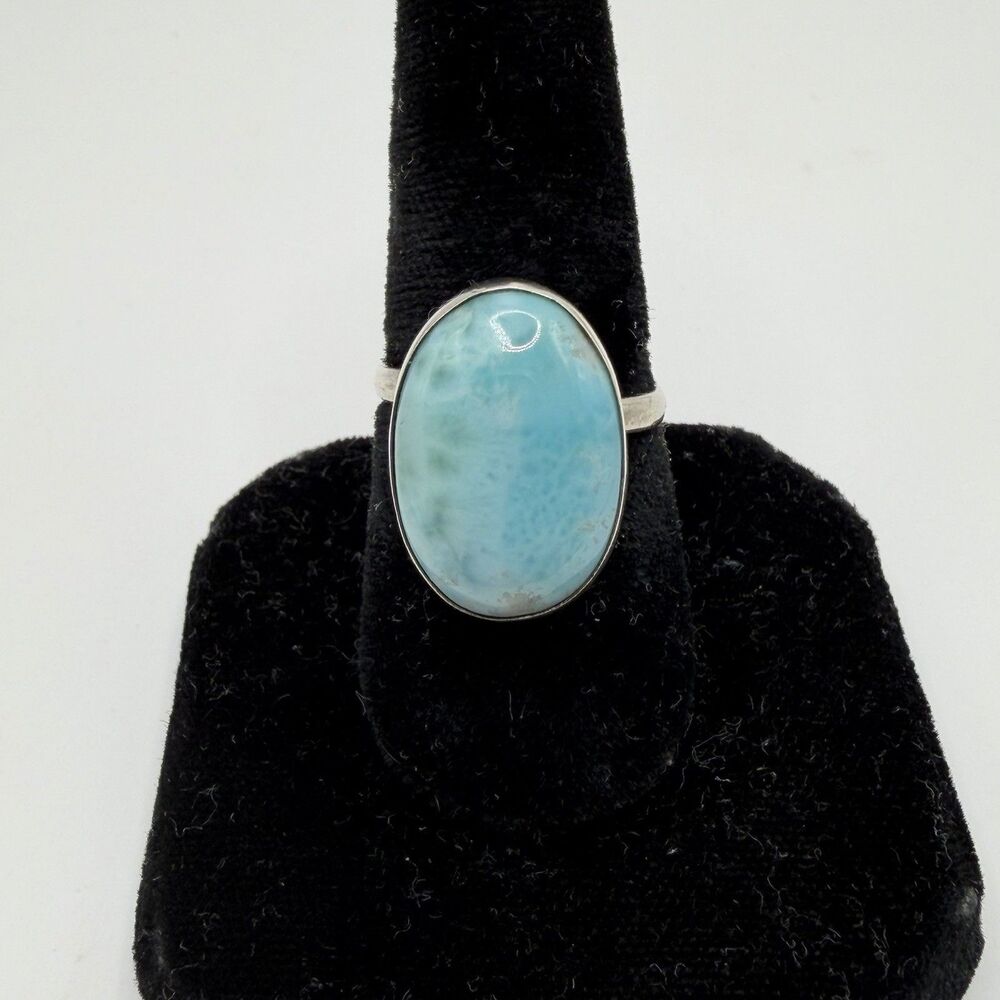 925 Sterling Silver Larimar Oval Ring Size 7.5 Blue Gemstone 6.2g